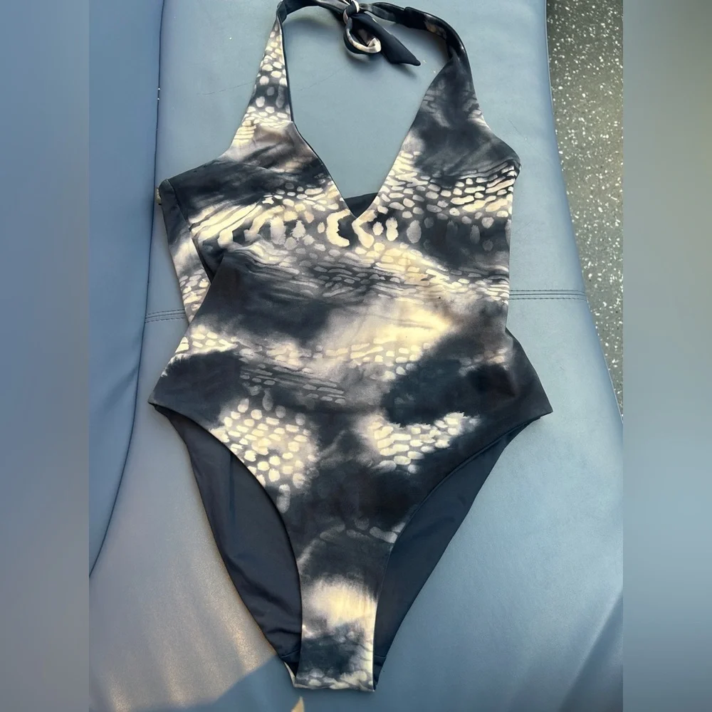 REVERSIBLE PRINTED PLUNGE SWIMSUIT Cos Navy Blue x Blue Pattern One Piece NWT